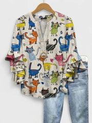 Vibrant Doodle Cat Illustration Artistic Ruffle Blouse