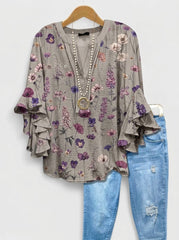 Elegant Purple Meadow Floral V-Neck Ruffle Blouse