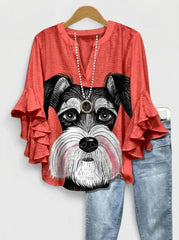 Adorable Schnauzer Dog Portrait Graphic Ruffle Blouse