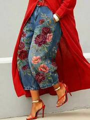 Women's Retro Floral Pattern Art Print Casual Jeans
