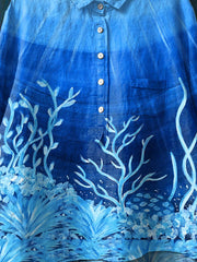 Undersea Coral Art Pattern Print Casual Cotton And Linen Shirt