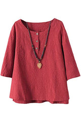 Solid Color Buttons Round Neck 3/4 Sleeves Shirts