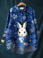 Women's Blue Flower Bunny Print Casual Cotton And Linen Shirt
