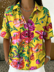 Women's Vintage Botanical Floral Casual Polo Collar Short-sleeved Linen And Cotton Shirt