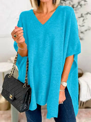 Women's Bat Sleeve Solid Color V-Neck Pullover Poncho Sweater