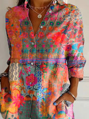 Women's Vintage Flower Art Print Casual Cotton Shirt
