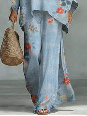 Women's Vintage Floral Art Comfortable Loose Cotton Linen Wide-leg Pants Two-piece Set