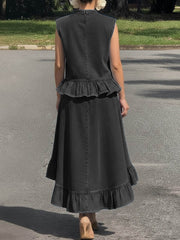 Women's Stand-up Collar Sleeveless Casual Loose Denim Top And High-waisted Casual Loose A-line Skirt Denim Set