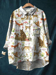Women's Vintage Lovely Woodland Animals Art Print Casual Cotton And Linen Shirt