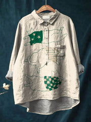 Vintage Funny Cats Art Print Casual Cotton And Linen Shirt