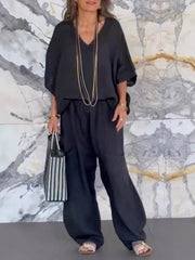 Women's Solid Color V-Neck 3/4 Sleeve Loose Top High Waist Casual Wide Leg Pants Set