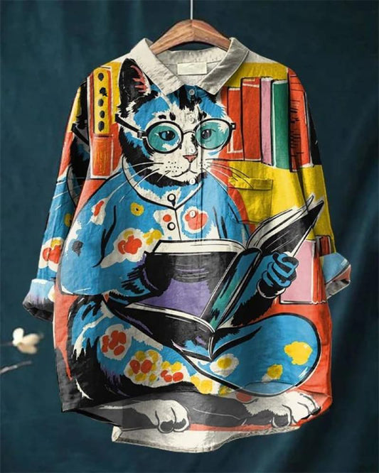 Vintage Cat Art Print Casual Cotton And Linen Shirt