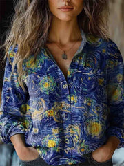 Women's Vintage Swirl Artwork Prints Long Sleeve Comfortable Cotton Shirt