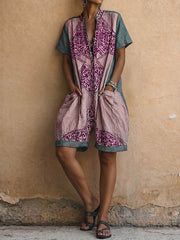 Women's Retro-print V-neck Short-sleeve Jumpsuit — Loose-fit Cotton-linen Wide-leg Casual Romper
