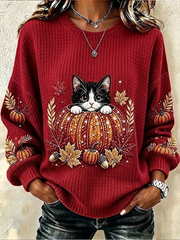 Casual Cat Crew Neck Long Sleeve Sweatshirt