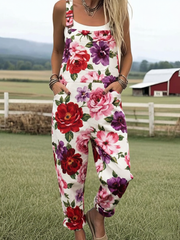 Women's Vintage Floral Art Print Casual Cotton Linen Wide Leg Jumpsuit