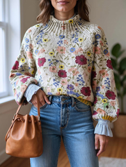 Vintage Lovely Floral Art Print Knit Turtleneck Pullover Sweater