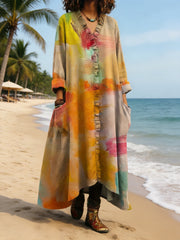Sunset Orange Color Palette Printed Lace Trim V-neck Dress
