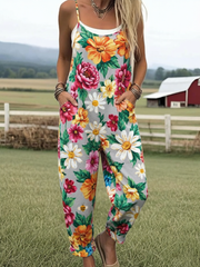 Casual Sleeveless Wide Leg Jumpsuit with Pockets, Vintage Floral and Bee Print