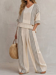 Women's Striped Cotton-linen Casual Two-piece Set
