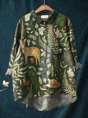 Women's Vintage Lovely Woodland Animals Art Print Casual Cotton And Linen Shirt