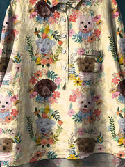 Vintage Lovely Floral Dogs Art Print Casual Cotton And Linen Shirt