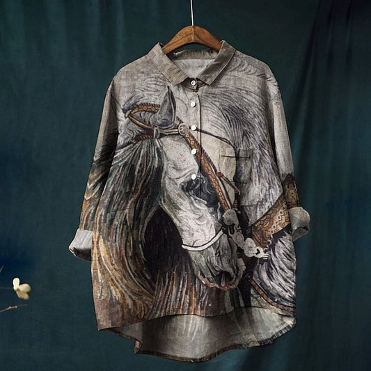 Women's Crying Horse Print Casual Cotton And Linen Shirt