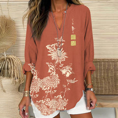 Vintage Chrysanthemum Printed V Neck Long Sleeve Blouse