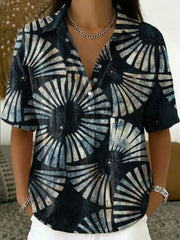 Women's Vintage Botanical Floral Casual Polo Collar Short-sleeved Linen And Cotton Shirt