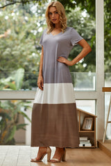 Stripe Patchwork V-neck Short Sleeves Maxi Dress