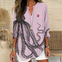 Dashingsoul Japanese Art Octopus And Crab Print V Neck Long Sleeve Blouse