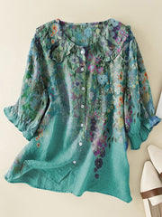 Floral Print Cotton and Linen Peter Pan Ruffle Collar Shirt