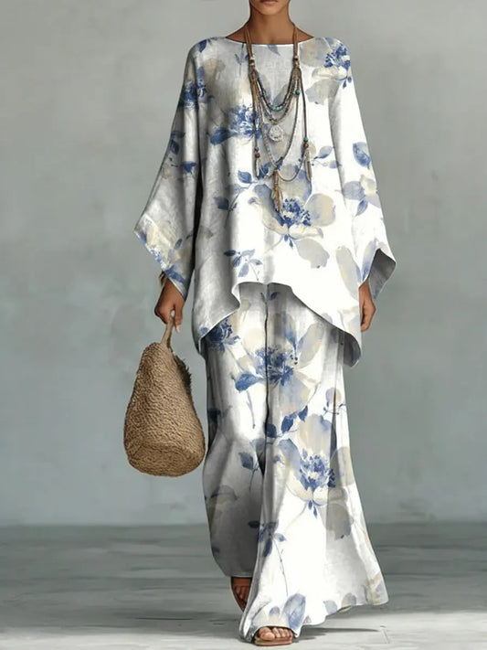 Women's Vintage Floral Art Comfortable Loose Cotton Linen Wide-leg Pants Two-piece Set