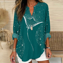 Dashingsoul Starry Spotted Eagle Rays Print V Neck Long Sleeve Blouse