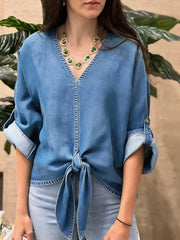 Women's V-neck Long-sleeved Tie-waist Loose-fitting Denim Top