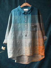 Women's Orange Blue Art Mosaic Gradient Art Print Casual Cotton And Linen Shirt
