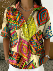 Women's Vintage Botanical Floral Casual Polo Collar Short-sleeved Linen And Cotton Shirt