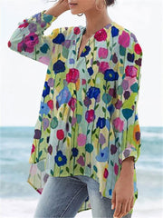 Women's Flower Print Casual Linen V-neck Shirt
