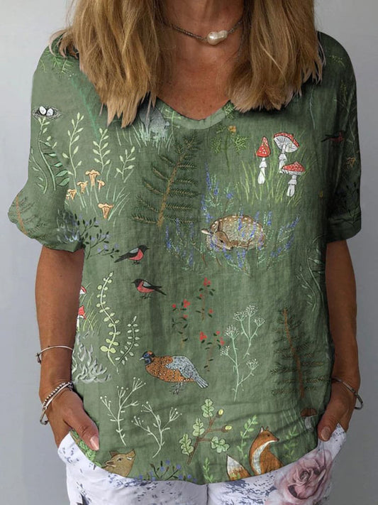 Woodland And Animals Pattern Printed Women's Casual Cotton And Linen Shirt