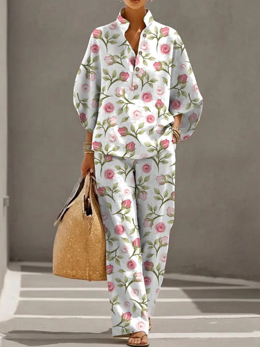 Women's Floral Art Print Casual 3/4 Sleeve Top And Pants Cotton Linen Suits