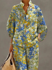 Women's Retro Floral Art Print Casual 3/4 Sleeve Top And Pants Cotton Linen Suits