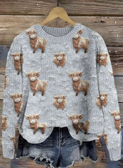 Womens Vintage Highland Cow Casual Knitted Sweater