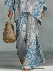 Women's Vintage Floral Art Comfortable Loose Cotton Linen Wide-leg Pants Two-piece Set