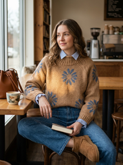 Women's Lovely Floral Art Print Knit Turtleneck Pullover Sweater