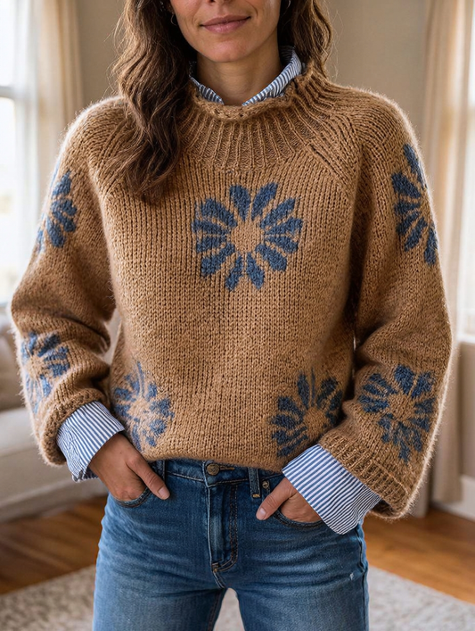 Women's Lovely Floral Art Print Knit Turtleneck Pullover Sweater