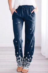 Floral Print with Pockets Sashes Casual Pants