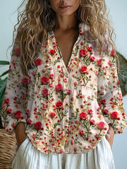 Women's Retro Floral Art Print Casual Long Sleeve Comfortable Cotton Shirt