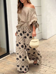 Women's Women Solid Color Round Neck Long Sleeves Casual Loose Tops High Waist Polka Dot Print Casual Loose Wide Leg Pants