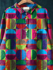Colorful Geometric Circle Pattern Printed Women's Casual Cotton And Linen Shirt