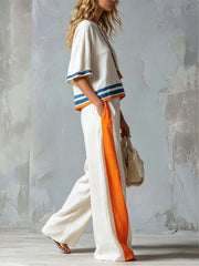 Women's Striped Color-block Vacation Set - Short Sleeve Top & Wide Leg Pants